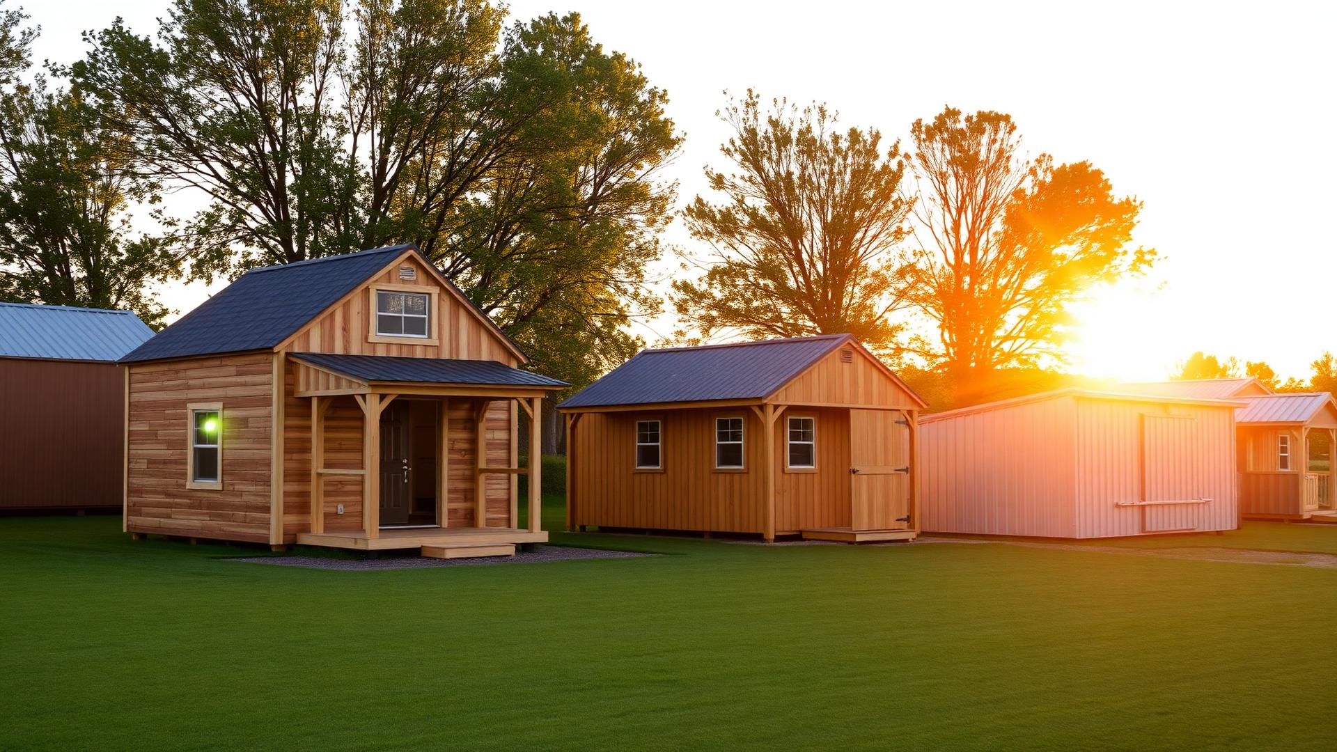 Multiple Derksen portable buildings on a Missouri property at golden hour